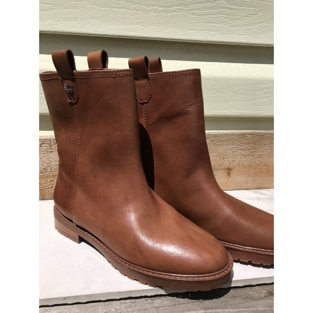 Ralph Lauren Evelynn Brown Short Slip On Logo Leather Boots Women's 8 39 - Picture 13 of 13
